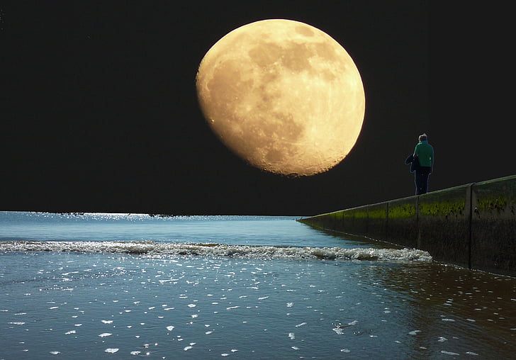 море, місяць, вечір, ніч, небо, води, озеро
