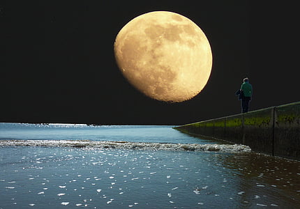 morje, luna, večer, noč, nebo, vode, jezero