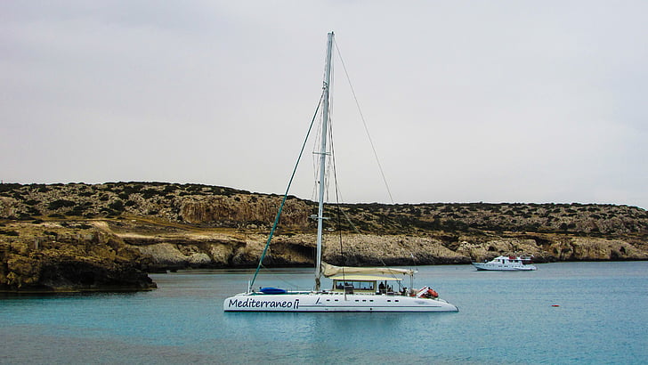 Кипър, Cavo greko, море, лодка, катамаран, лагуна, синьо