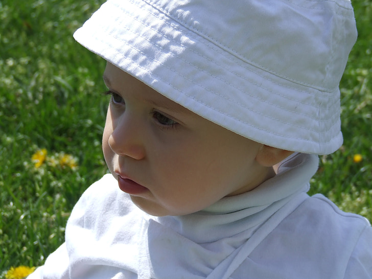 veido, vaikas, mažas, odos, kūdikis, baltas dangtelis, kepurė