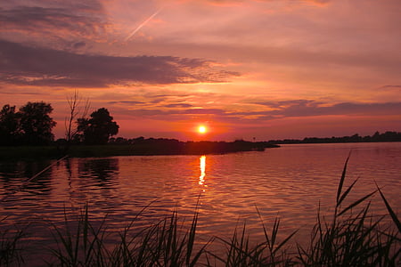 solnedgång, röd, abendstimmung, Romance, sjön