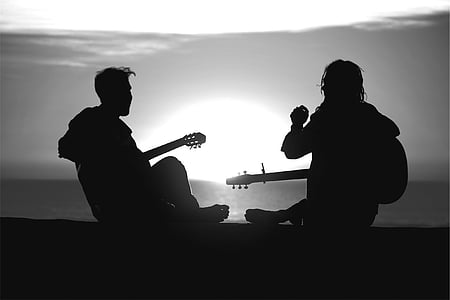 musicians, guitars, music, sunset, silhouette, people, black and white