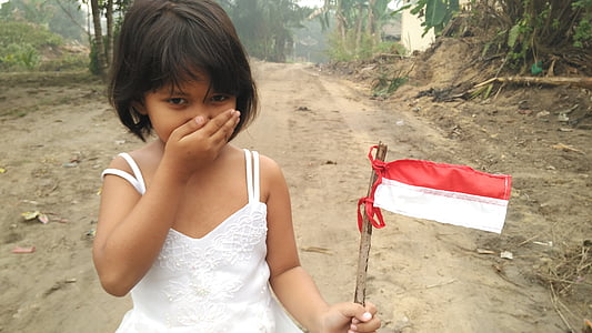 bambino, carina, giovani, immagini di pubblico dominio, Indonesiano, bandiera, svolazzante