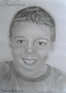 Chlapec, Pánské, osoba, úsměv, portrét, kresba, Grafit