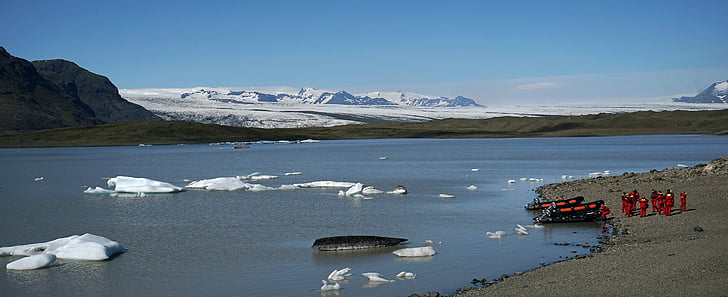 Islandija, Vatnajökull, ledynas, ledyninį ežerą, valtys, kraštovaizdžio, mėlyna