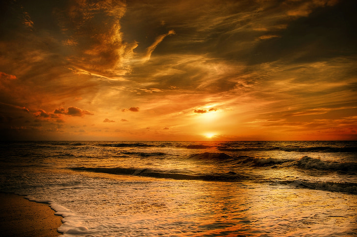 sunset, denmark, sea, evening sky, coast, water, beach