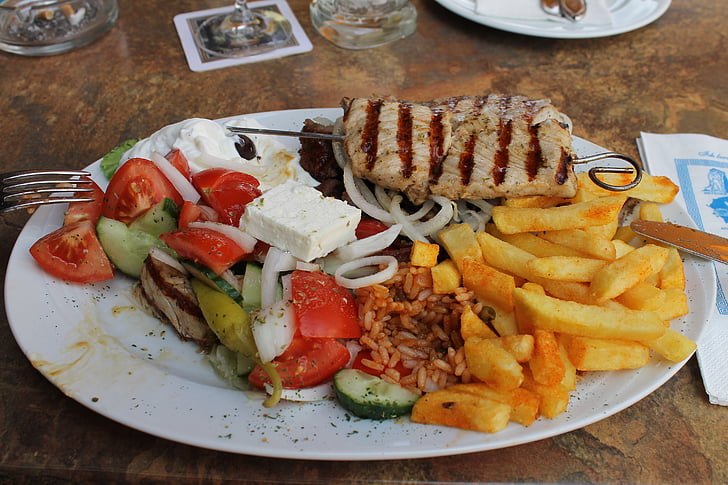 Grec, manger, plaque, mixed grill, viande, grillé, Français