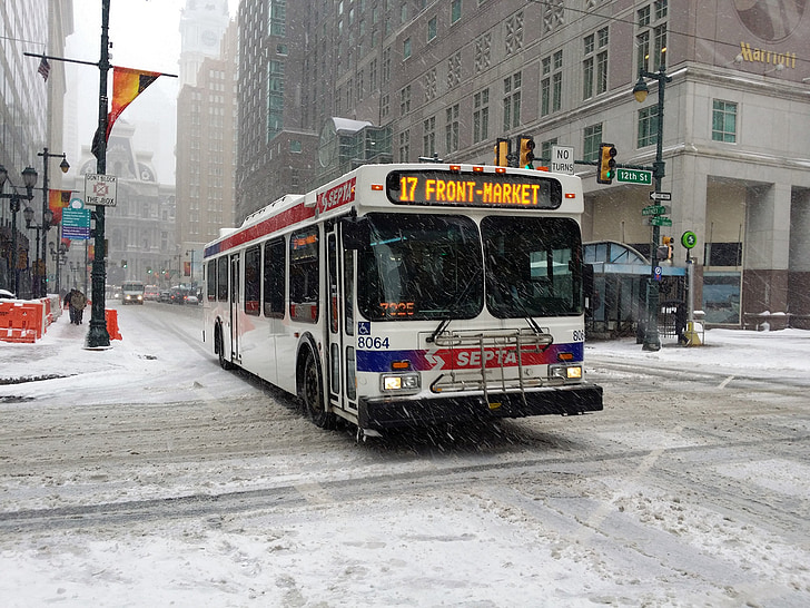 Philadelphia, bus, openbaar vervoer, sneeuw, stad, centrum, stedelijke