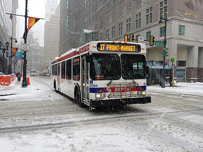 philadelphia, bus, public transport, snow, city, downtown, urban
