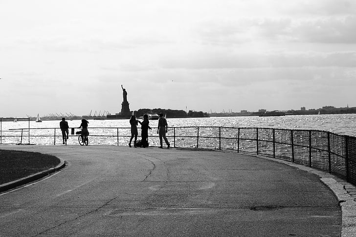 statue of liberty, black and white, american, new york city, manhattan, island, lady
