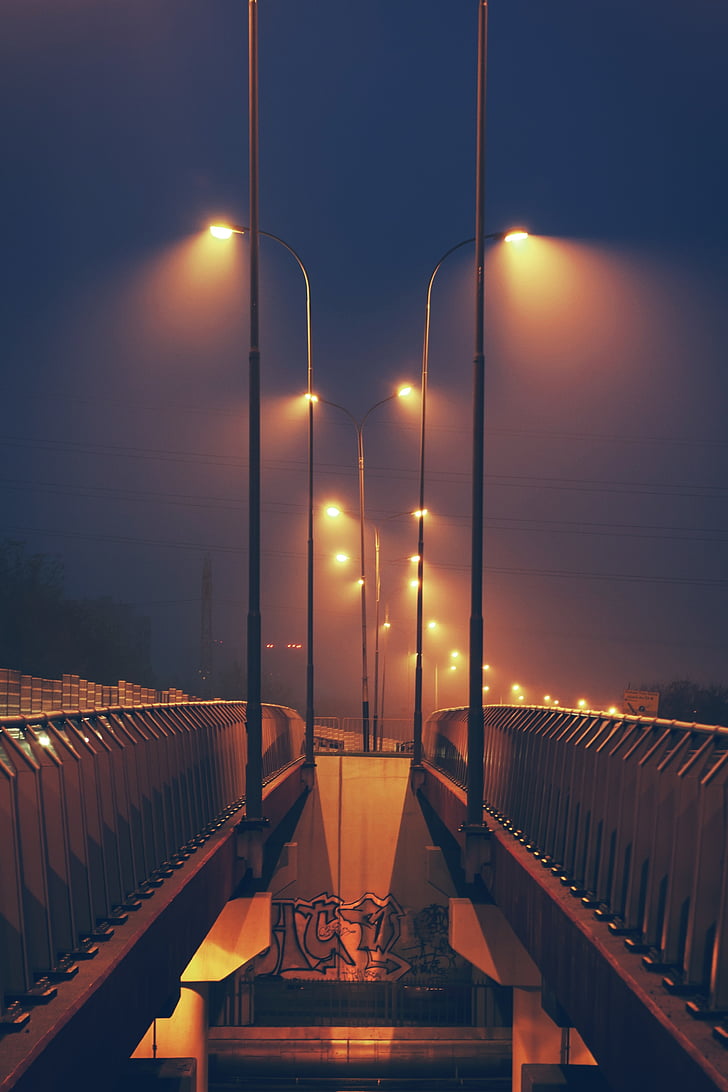 мост, близо до, път, нощ, време, небе, улично осветление