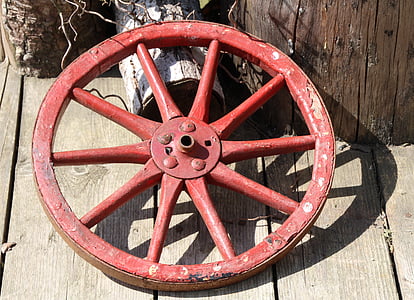 kocsi kerék, piros, fából készült kerék, dekoráció