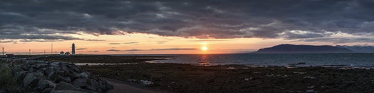 Panorama, matahari terbenam, Islandia, langit, laut, awan, mercusuar