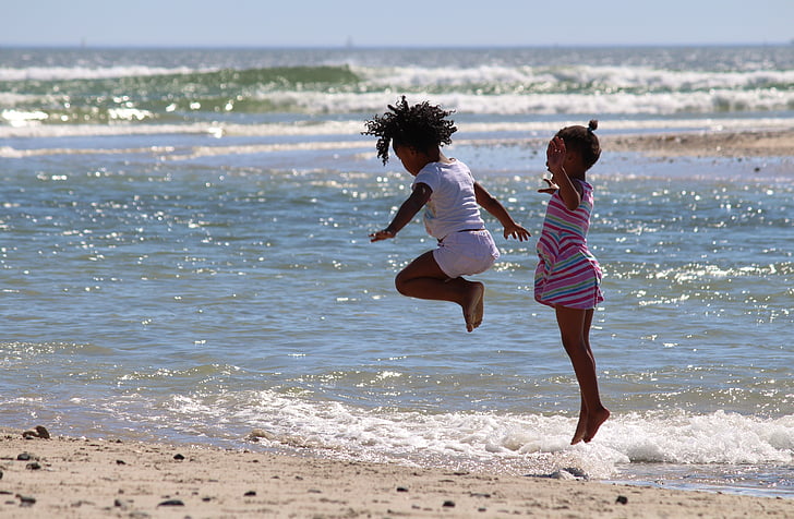 bērniem, lēkt, Dienvidāfrikas Republika, pludmale, meitene, apiņu, jūra