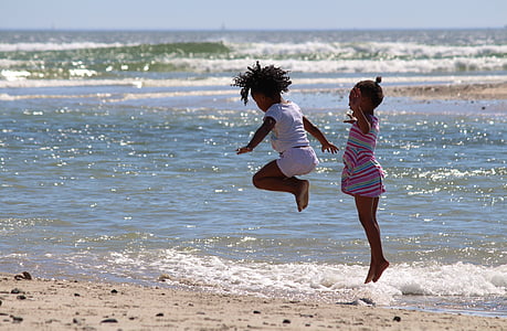 barn, hoppe, Sør-Afrika, stranden, jente, hop, sjøen