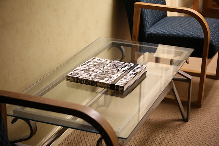 glass, table, office, indoors, furniture, book, interior