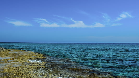 jūra, akmeņains krasts, jūras ainava, daba, zila, debesis, mākoņi