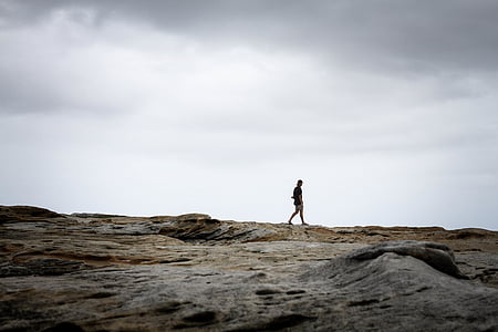 alone, cloudy, landscape, man, outdoors, person, rocky