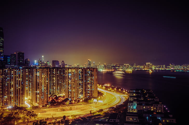 Kota, fotografi, bangunan, penggalian, Hong kong, diterangi, malam
