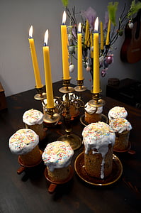 Velikonočni, torto, svetlobe, glazuro, mrvicami, rumena, svečo vosek