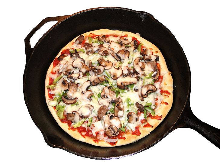 pizza, caseiro, cozido, Pan, ferro fundido, prato fundo, delicioso