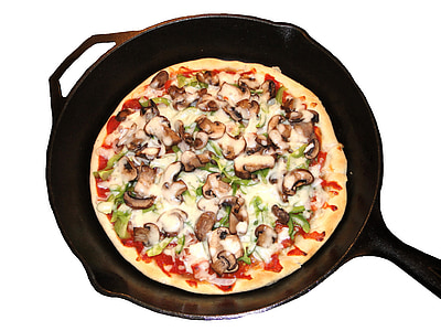Πίτσα, σπιτικό, ψημένο, τηγάνι, Χυτοσίδηρος, βαθύ πιάτο, νόστιμα