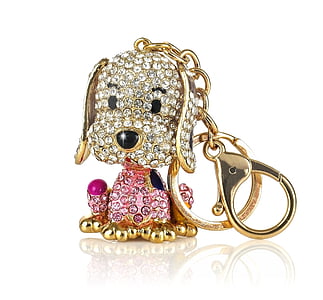 nyckel ring, nyckelring, hänge, Doggy, färgade, guld, smycken