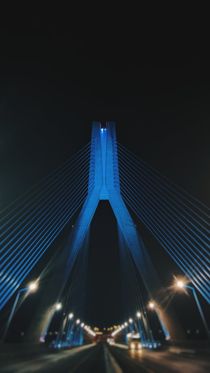 blue, metal, bridge, support, illuminated, night, outdoors