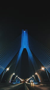 Blau, Metall, Brücke, Unterstützung, beleuchtete, Nacht, im freien