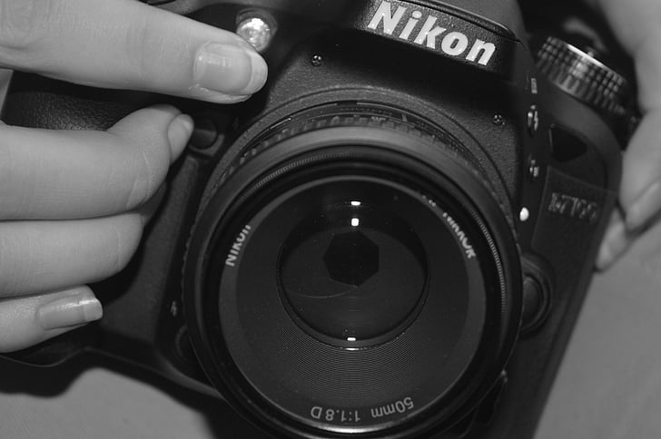 käsi, kaamera, Nikon