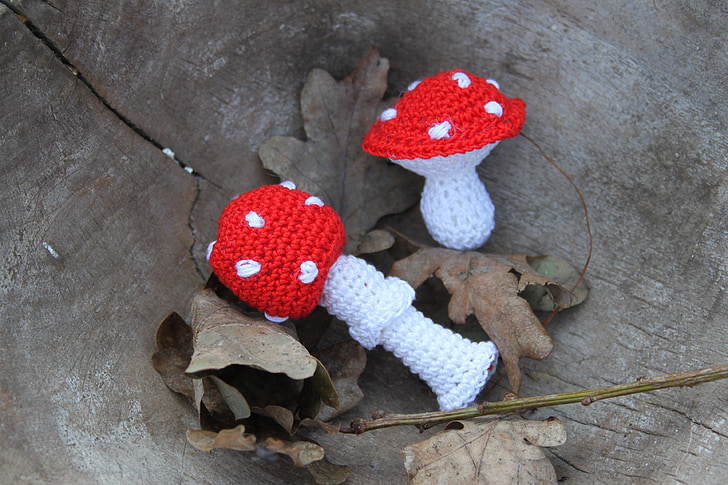 mushroom, fly agaric, knitted, red with white dots, autumn, finely crocheted, hooking