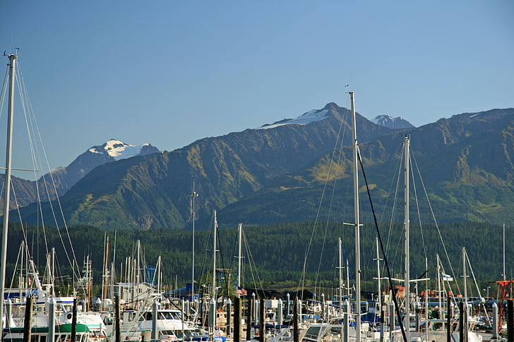 Alaska, Seward, góry, Harbor, statek, Ocean, statki