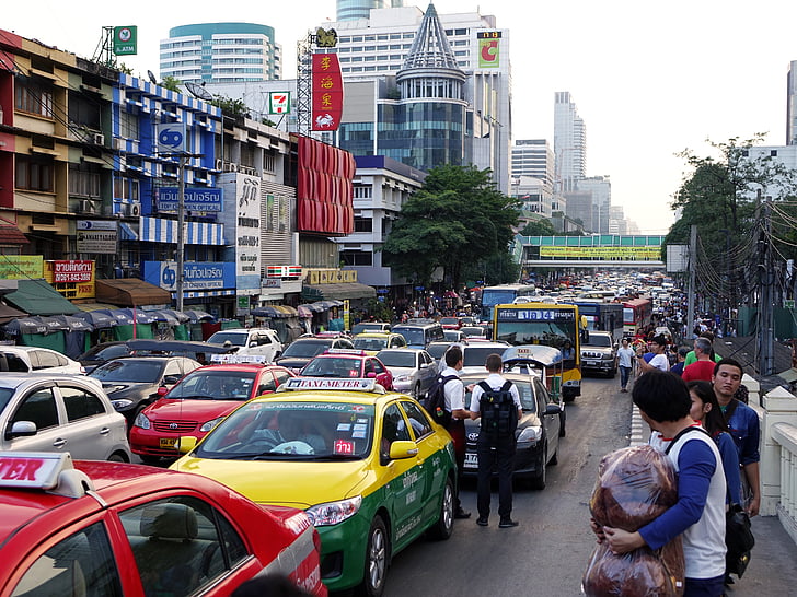 thailand, bangkok, traffic jam, buildings, cars, vehicle, urban