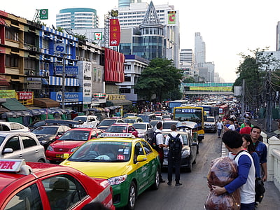 Taizeme, Bangkok, sastrēgumā, ēkas, automašīnas, transportlīdzekļa, pilsētas