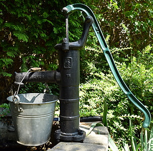pump, bucket, garden pump, flow, garden, hand pump, casting