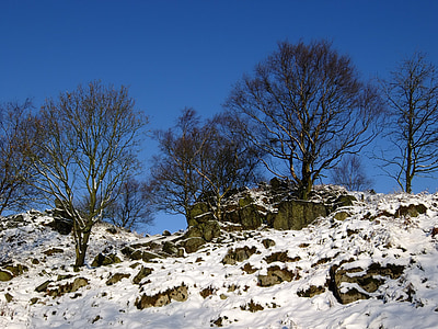 zimowe, śnieg, skały, drzewa, wzgórze, Moor, Warren hills