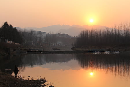 solnedgång, färja, avlägsna hills, Riverside, reflektion, naturen, sjön