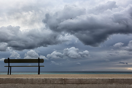 bench, sea, seaside, beach, clouds, marseille, vacuum