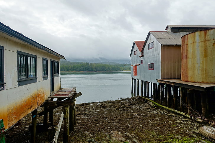 buildings, old, seaside, exterior, weathered, lake, nature