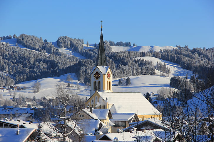 oberstaufen, town view, church, winter