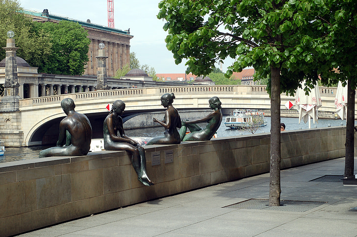 statue, girl, river, bank, city, rest