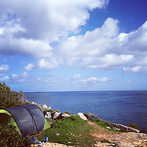camp, tent, sea, sky, camping, nature, outdoors