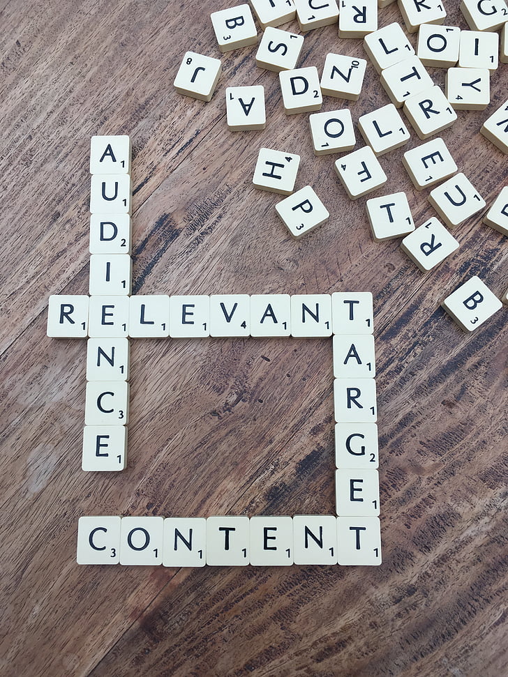 pubblico, rilevanti, contenuto, destinazione, Scrabble, di marketing, piastrelle