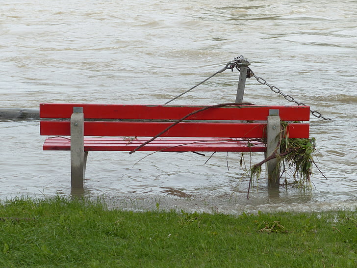 high water, park bench, flooded, red, natural disaster, flotsam and jetsam, flood