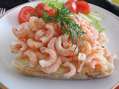 Fjord krevette, kevadel, kooritud, või leib, toidu, Taani toidu, käsitsi kooritud