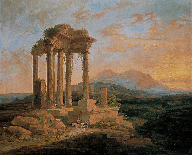 Lluis Rigault, les ruines, colonnes, cheval, gens, montagnes, art