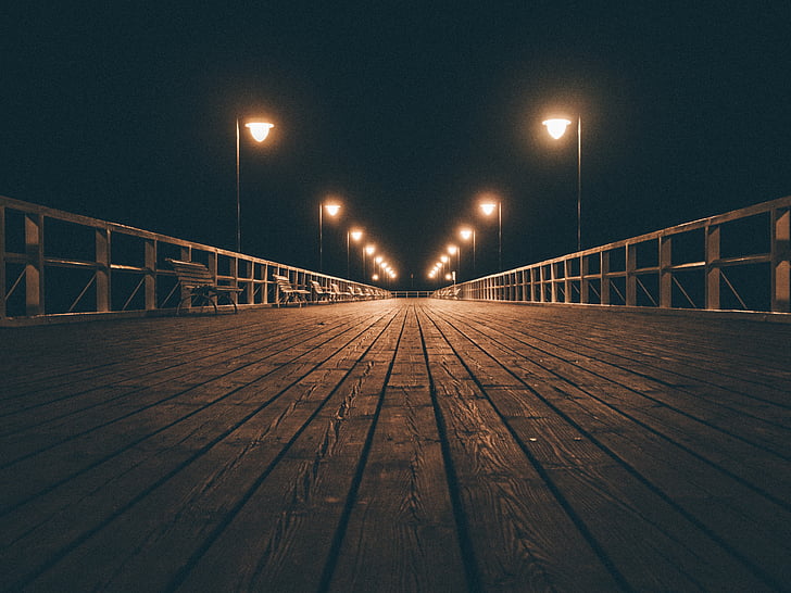 photo, wooden, dock, wood, boardwalk, pier, night