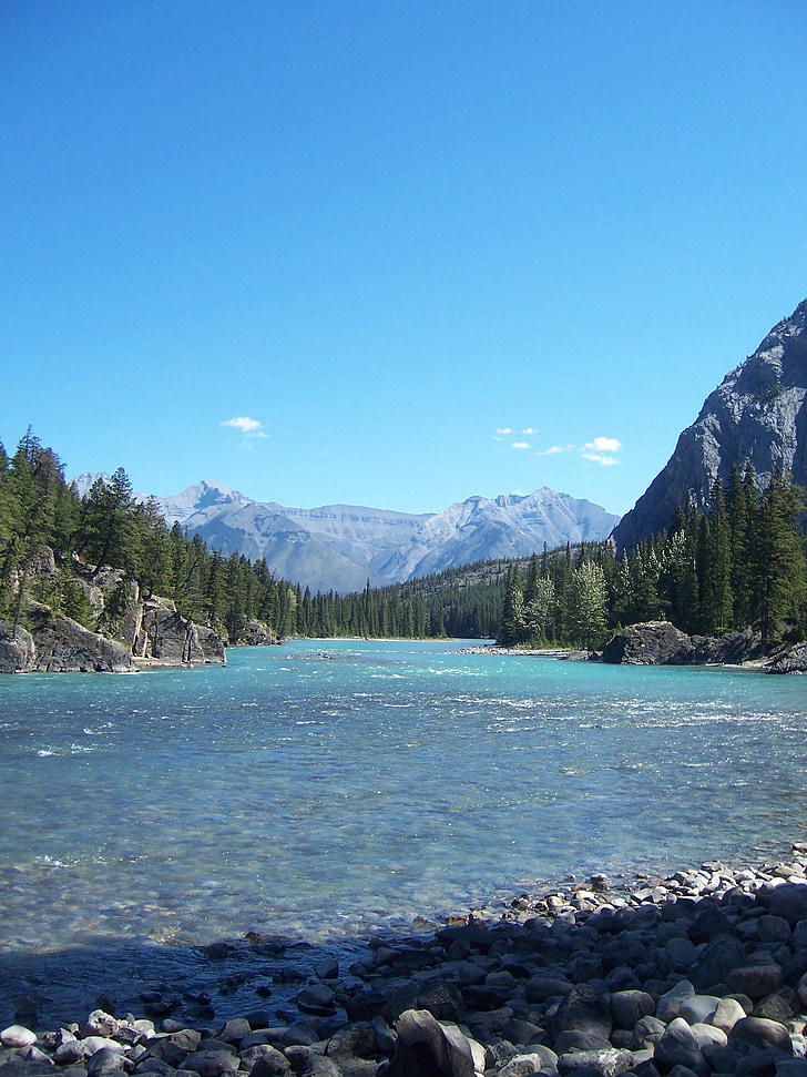 river, rocks, trees, canada, mountain, holiday, blue