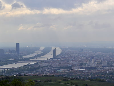 Vienna, cielo, blocchi, Danubio, paesaggio urbano, Austria, capitale