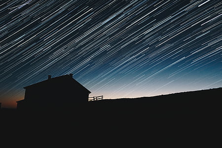 silhouette, house, meteor, shower, time, lapse, photography